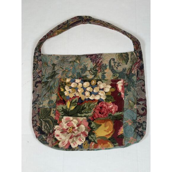 Vintage 90s Floral Tapestry Large Tote Bag Brown Green Red Pocket Grannycore - Picture 1 of 5
